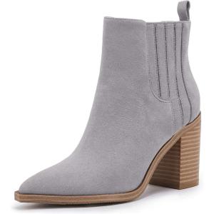 imageWomens Ankle Boots Slip on Pointed Toe Chunky Block Mid Heel Leather Elastic Panel Casual Chelsea Western BootiesGrey