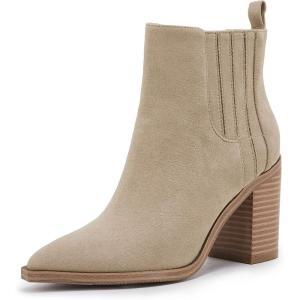 imageWomens Ankle Boots Slip on Pointed Toe Chunky Block Mid Heel Leather Elastic Panel Casual Chelsea Western BootiesKhaki