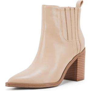 imageWomens Ankle Boots Slip on Pointed Toe Chunky Block Mid Heel Leather Elastic Panel Casual Chelsea Western BootiesNude