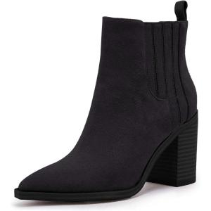 imageWomens Ankle Boots Slip on Pointed Toe Chunky Block Mid Heel Leather Elastic Panel Casual Chelsea Western BootiesPure Black