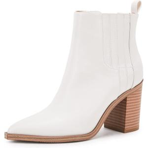 imageWomens Ankle Boots Slip on Pointed Toe Chunky Block Mid Heel Leather Elastic Panel Casual Chelsea Western BootiesWhite