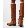 imageCoutgo Womens Knee High Boots Suede Wide Calf Chunky Low Heel Cowboy Moto Boots Fall ShoesBrown