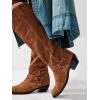 imageCoutgo Womens Knee High Boots Suede Wide Calf Chunky Low Heel Cowboy Moto Boots Fall ShoesBrown