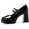 imageCoutgo Womens Platform Mary Jane Pumps Two Strap Square Toe Chunky Block Heel Sandals Party ShoesBlack