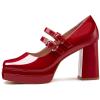 imageCoutgo Womens Platform Mary Jane Pumps Two Strap Square Toe Chunky Block Heel Sandals Party ShoesRed