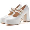 imageCoutgo Womens Platform Mary Jane Pumps Two Strap Square Toe Chunky Block Heel Sandals Party ShoesWhite