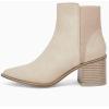 imageCoutgo Womens Pointed Toe Ankle Boots Elastic Chunky Block Stacked Mid Heel Slip On Chelsea BootiesBeige