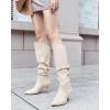 imageCoutgo Womens Slouchy Knee High Boots Wide Calf Kitten Heel Pointed Toe Pull On Long Boots Winter ShoesOffwhite