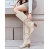 imageCoutgo Womens Slouchy Knee High Boots Wide Calf Kitten Heel Pointed Toe Pull On Long Boots Winter ShoesZwhite