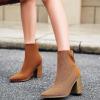 imageCoutgo Womens Sock Ankle Boots Pointed Toe Chunky High Stacked Heel Pull On Ribbed Knit Chelsea Boots BootiesBrown