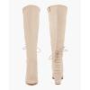 imageCoutgo Womens Wide Calf Knee High Boots Chunky Block Heel Round Toe Back Straps Side Zipper Winter Dress BootsBeige