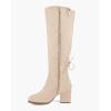 imageCoutgo Womens Wide Calf Knee High Boots Chunky Block Heel Round Toe Back Straps Side Zipper Winter Dress BootsBeige