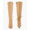 imageCoutgo Womens Wide Calf Knee High Boots Chunky Block Heel Round Toe Back Straps Side Zipper Winter Dress BootsKhaki