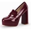imageWomens Platform Heels Loafers Chunky High Heel Closed Toe Patent Leather Shoes Penny Loafer Business Dress Work PumpsBurgundy