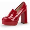 imageWomens Platform Heels Loafers Chunky High Heel Closed Toe Patent Leather Shoes Penny Loafer Business Dress Work PumpsRed