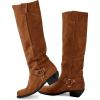 imageCoutgo Womens Knee High Boots Suede Wide Calf Chunky Low Heel Cowboy Moto Boots Fall ShoesBrown