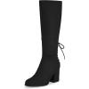 imageCoutgo Womens Wide Calf Knee High Boots Chunky Block Heel Round Toe Back Straps Side Zipper Winter Dress BootsBlack
