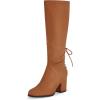 imageCoutgo Womens Wide Calf Knee High Boots Chunky Block Heel Round Toe Back Straps Side Zipper Winter Dress BootsBrown