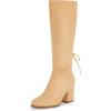 imageCoutgo Womens Wide Calf Knee High Boots Chunky Block Heel Round Toe Back Straps Side Zipper Winter Dress BootsKhaki