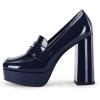imageWomens Platform Heels Loafers Chunky High Heel Closed Toe Patent Leather Shoes Penny Loafer Business Dress Work PumpsNavy