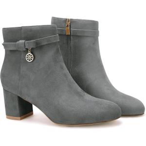 imageCoutgo Womens Ankle Boots Chunky Block Low Heel Vintage Tie Knot Booties Shoes with Side ZipperGrey