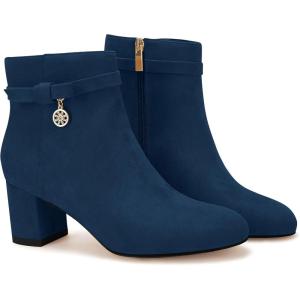 imageCoutgo Womens Ankle Boots Chunky Block Low Heel Vintage Tie Knot Booties Shoes with Side ZipperNavy