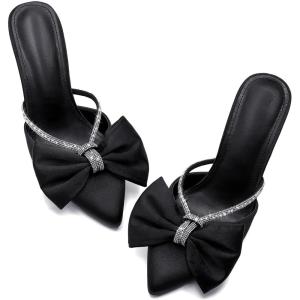 imageCoutgo Womens Bow Heels Mules Pointed Closed Toe Sandals Rhinestone Satin Backless Wedding ShoesBlack