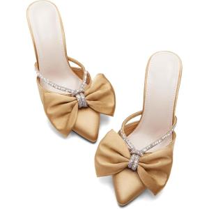 imageCoutgo Womens Bow Heels Mules Pointed Closed Toe Sandals Rhinestone Satin Backless Wedding ShoesBrown
