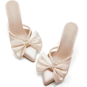imageCoutgo Womens Bow Heels Mules Pointed Closed Toe Sandals Rhinestone Satin Backless Wedding ShoesLight Khaki