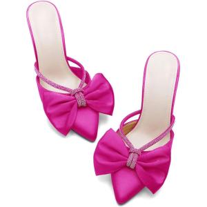 imageCoutgo Womens Bow Heels Mules Pointed Closed Toe Sandals Rhinestone Satin Backless Wedding ShoesRose Red