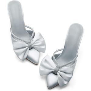 imageCoutgo Womens Bow Heels Mules Pointed Closed Toe Sandals Rhinestone Satin Backless Wedding ShoesSilver