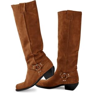 imageCoutgo Womens Knee High Boots Suede Wide Calf Chunky Low Heel Cowboy Moto Boots Fall ShoesBrown