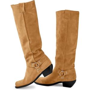imageCoutgo Womens Knee High Boots Suede Wide Calf Chunky Low Heel Cowboy Moto Boots Fall ShoesLight Brown