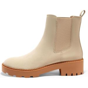 imageCoutgo Womens Platform Chunky Low Heel Slip on Chelsea Boots Suede Elastic Ankle BootsBeige