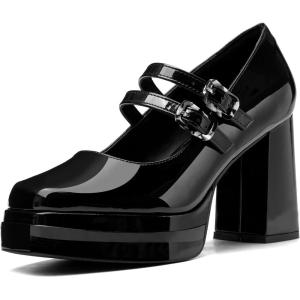 imageCoutgo Womens Platform Mary Jane Pumps Two Strap Square Toe Chunky Block Heel Sandals Party ShoesBlack