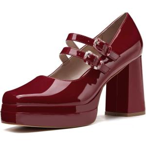 imageCoutgo Womens Platform Mary Jane Pumps Two Strap Square Toe Chunky Block Heel Sandals Party ShoesDeep Red