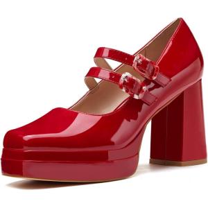 imageCoutgo Womens Platform Mary Jane Pumps Two Strap Square Toe Chunky Block Heel Sandals Party ShoesRed
