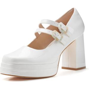 imageCoutgo Womens Platform Mary Jane Pumps Two Strap Square Toe Chunky Block Heel Sandals Party ShoesWhite