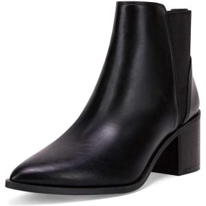 imageCoutgo Womens Pointed Toe Ankle Boots Elastic Chunky Block Stacked Mid Heel Slip On Chelsea BootiesAblack