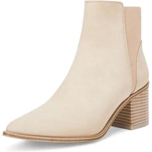 imageCoutgo Womens Pointed Toe Ankle Boots Elastic Chunky Block Stacked Mid Heel Slip On Chelsea BootiesBeige