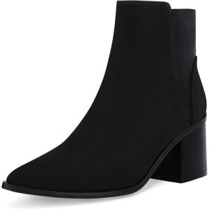 imageCoutgo Womens Pointed Toe Ankle Boots Elastic Chunky Block Stacked Mid Heel Slip On Chelsea BootiesBlacksuede