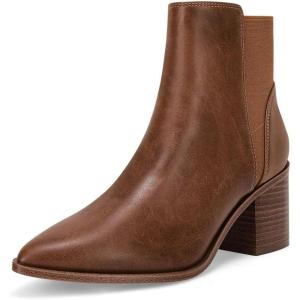imageCoutgo Womens Pointed Toe Ankle Boots Elastic Chunky Block Stacked Mid Heel Slip On Chelsea BootiesBrown