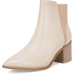 imageCoutgo Womens Pointed Toe Ankle Boots Elastic Chunky Block Stacked Mid Heel Slip On Chelsea BootiesCream