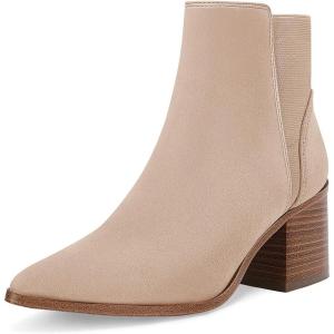 imageCoutgo Womens Pointed Toe Ankle Boots Elastic Chunky Block Stacked Mid Heel Slip On Chelsea BootiesKhakisuede