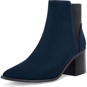imageCoutgo Womens Pointed Toe Ankle Boots Elastic Chunky Block Stacked Mid Heel Slip On Chelsea BootiesNavy Bluesuede
