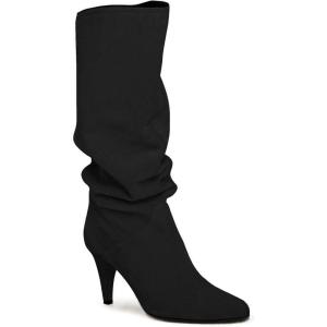 imageCoutgo Womens Slouchy Knee High Boots Wide Calf Kitten Heel Pointed Toe Pull On Long Boots Winter ShoesBlack