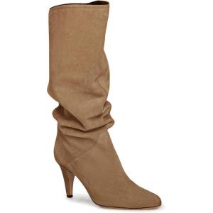 imageCoutgo Womens Slouchy Knee High Boots Wide Calf Kitten Heel Pointed Toe Pull On Long Boots Winter ShoesCoffee
