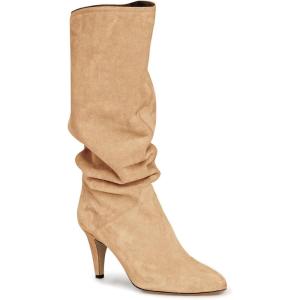imageCoutgo Womens Slouchy Knee High Boots Wide Calf Kitten Heel Pointed Toe Pull On Long Boots Winter ShoesKhaki