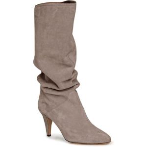 imageCoutgo Womens Slouchy Knee High Boots Wide Calf Kitten Heel Pointed Toe Pull On Long Boots Winter ShoesTaupe