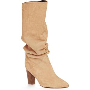 imageCoutgo Womens Slouchy Knee High Boots Wide Calf Kitten Heel Pointed Toe Pull On Long Boots Winter ShoesZkhaki